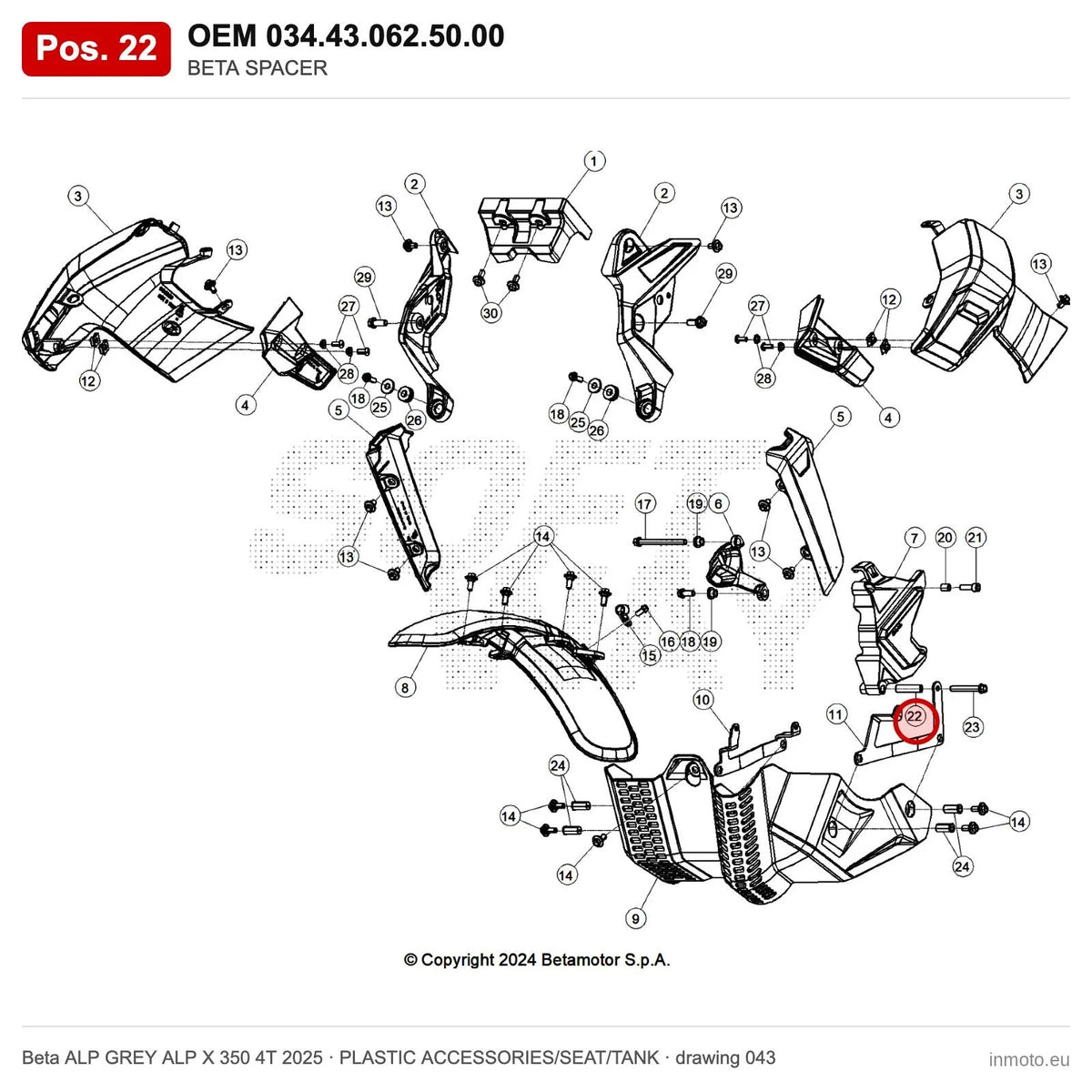 BETA SPACER – OEM 034.43.062.50.00, position 22 on the Beta ALP GREY ALP X 350 4T 2025 plastic accessories/seat/tank drawing