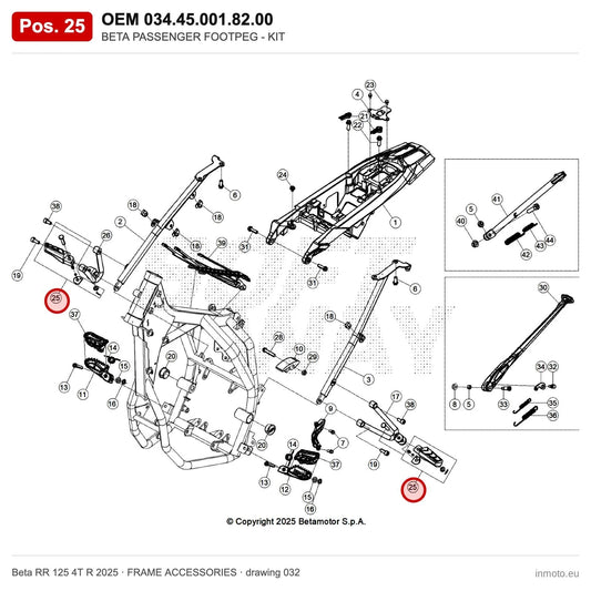 BETA PASSENGER FOOTPEG - KIT – OEM 034.45.001.82.00, position 25 on the Beta RR 125 4T R 2025 frame accessories drawing