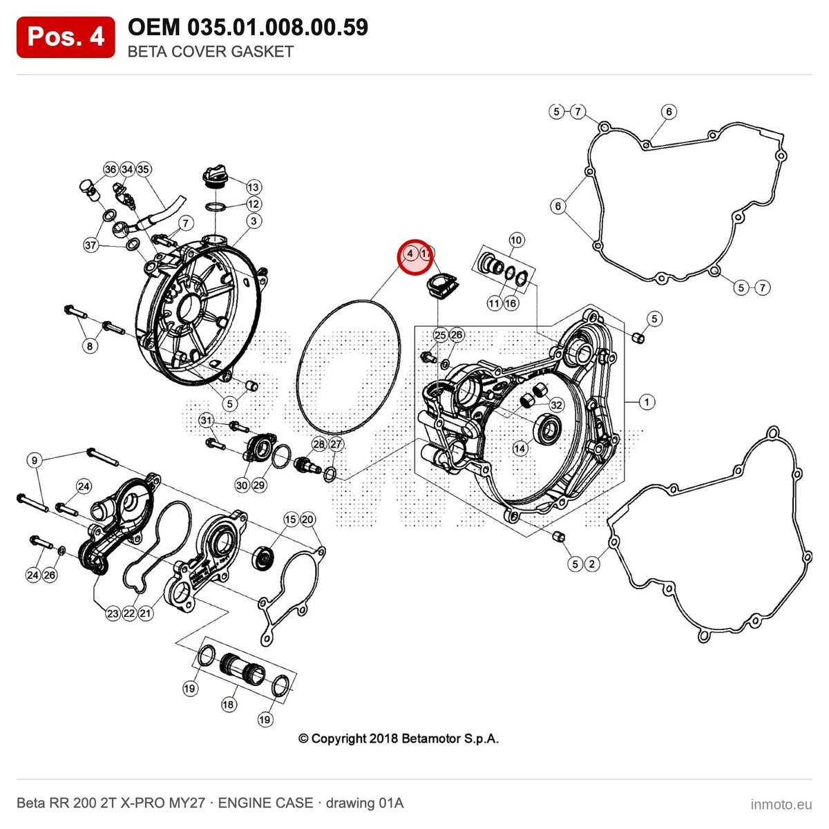 BETA COVER GASKET – OEM 035.01.008.00.59, position 4 on the Beta RR 200 2T X-PRO MY27 engine case drawing