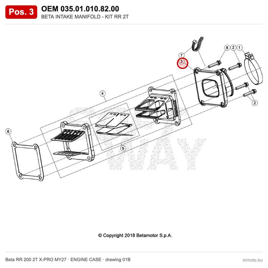 BETA INTAKE MANIFOLD - KIT RR 2T – OEM 035.01.010.82.00, position 3 on the Beta RR 200 2T X-PRO MY27 engine case drawing