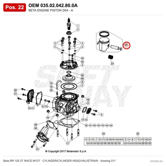 BETA ENGINE PISTON D54 - A – OEM 035.02.042.80.0A, position 22 on the Beta RR 125 2T RACE MY27 cylinder/cylinder head/valvetrain drawing