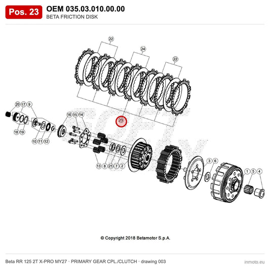 BETA FRICTION DISK – OEM 035.03.010.00.00, position 23 on the Beta RR 125 2T X-PRO MY27 primary gear cpl./clutch drawing