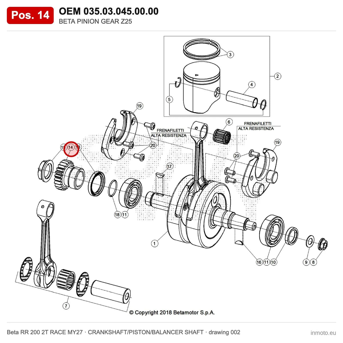 BETA PINION GEAR Z25 – OEM 035.03.045.00.00, position 14 on the Beta RR 200 2T RACE MY27 crankshaft/piston/balancer shaft drawing