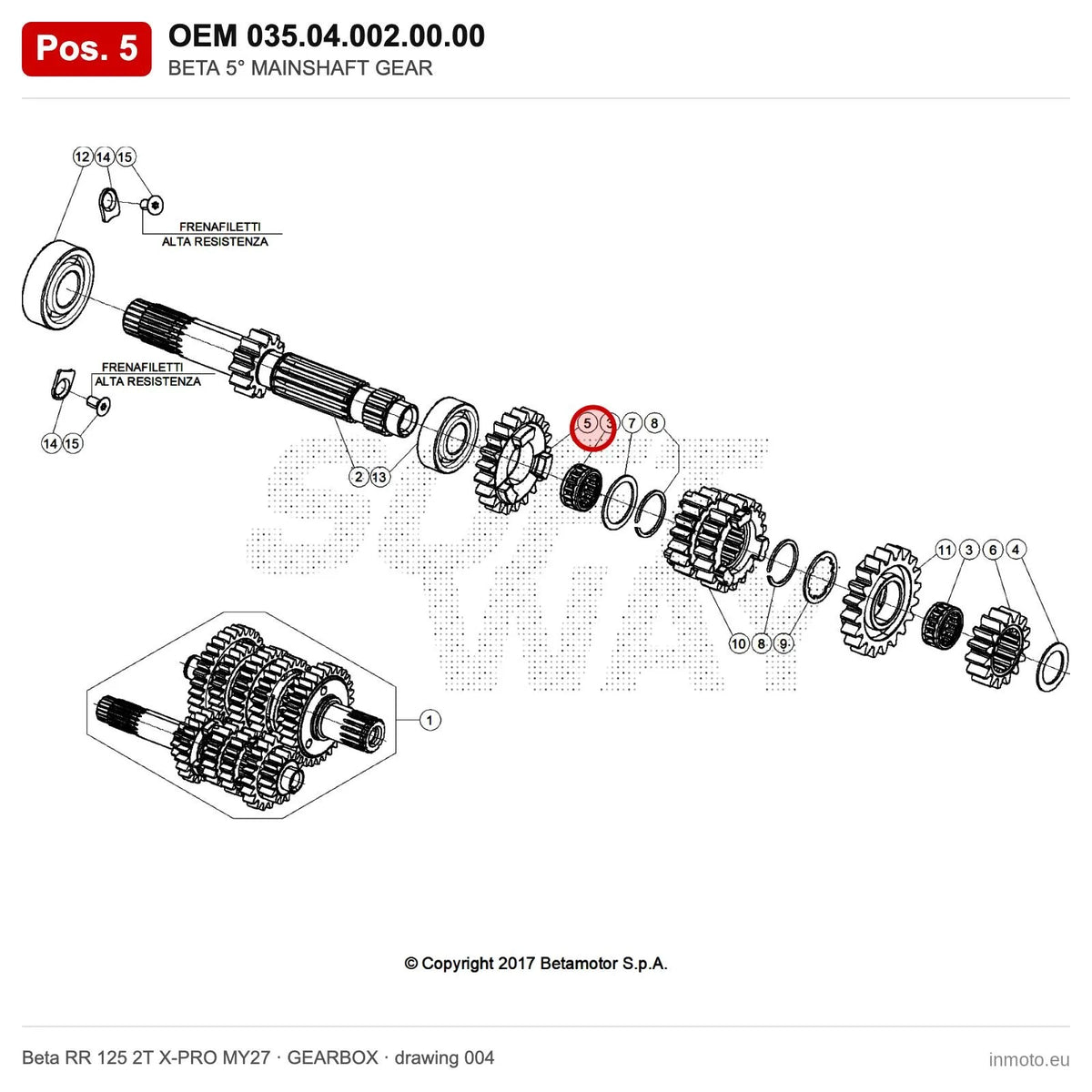 BETA 5° MAINSHAFT GEAR – OEM 035.04.002.00.00, position 5 on the Beta RR 125 2T X-PRO MY27 gearbox drawing