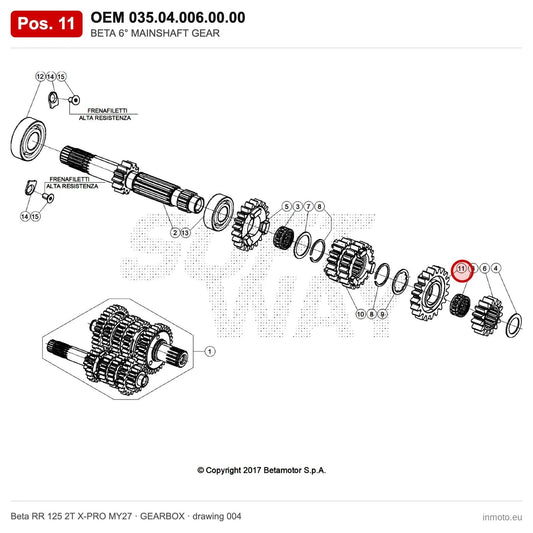 BETA 6° MAINSHAFT GEAR – OEM 035.04.006.00.00, position 11 on the Beta RR 125 2T X-PRO MY27 gearbox drawing