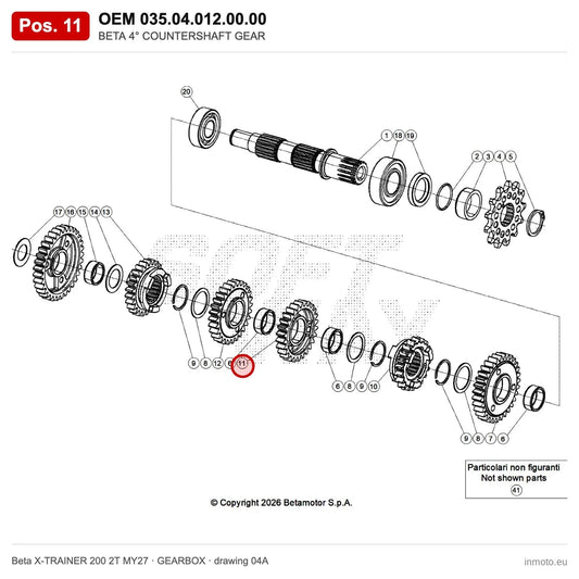 BETA 4° COUNTERSHAFT GEAR – OEM 035.04.012.00.00, position 11 on the Beta X-TRAINER 200 2T MY27 gearbox drawing