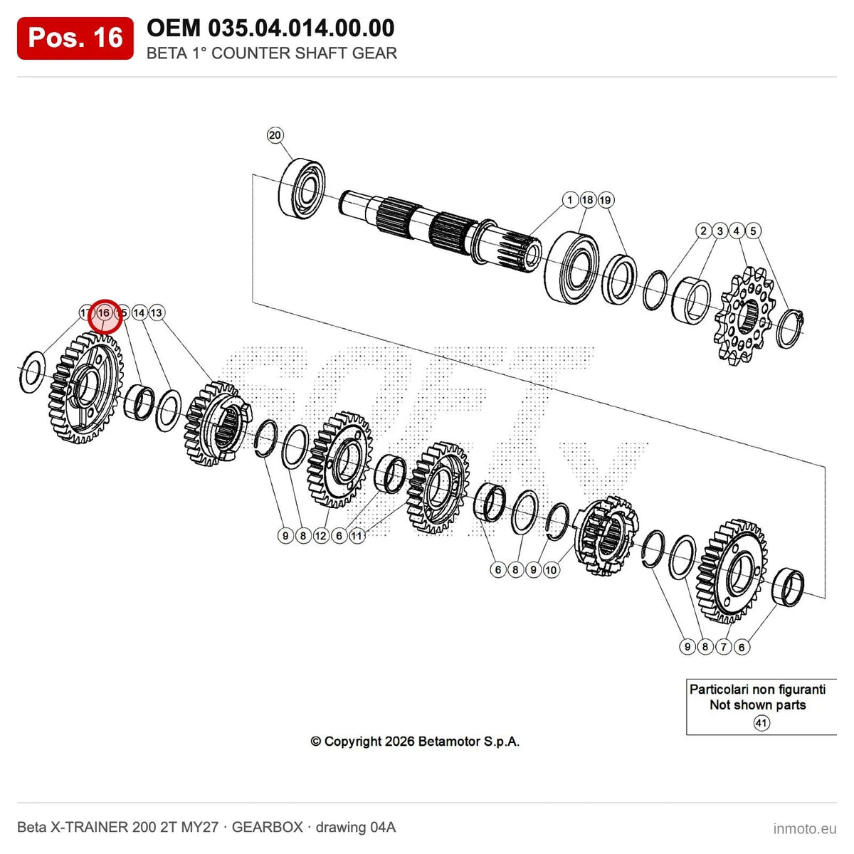 BETA 1° COUNTER SHAFT GEAR – OEM 035.04.014.00.00, position 16 on the Beta X-TRAINER 200 2T MY27 gearbox drawing