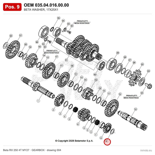 BETA WASHER, 17X25X1 – OEM 035.04.016.00.00, position 9 on the Beta RX 250 4T MY27 gearbox drawing