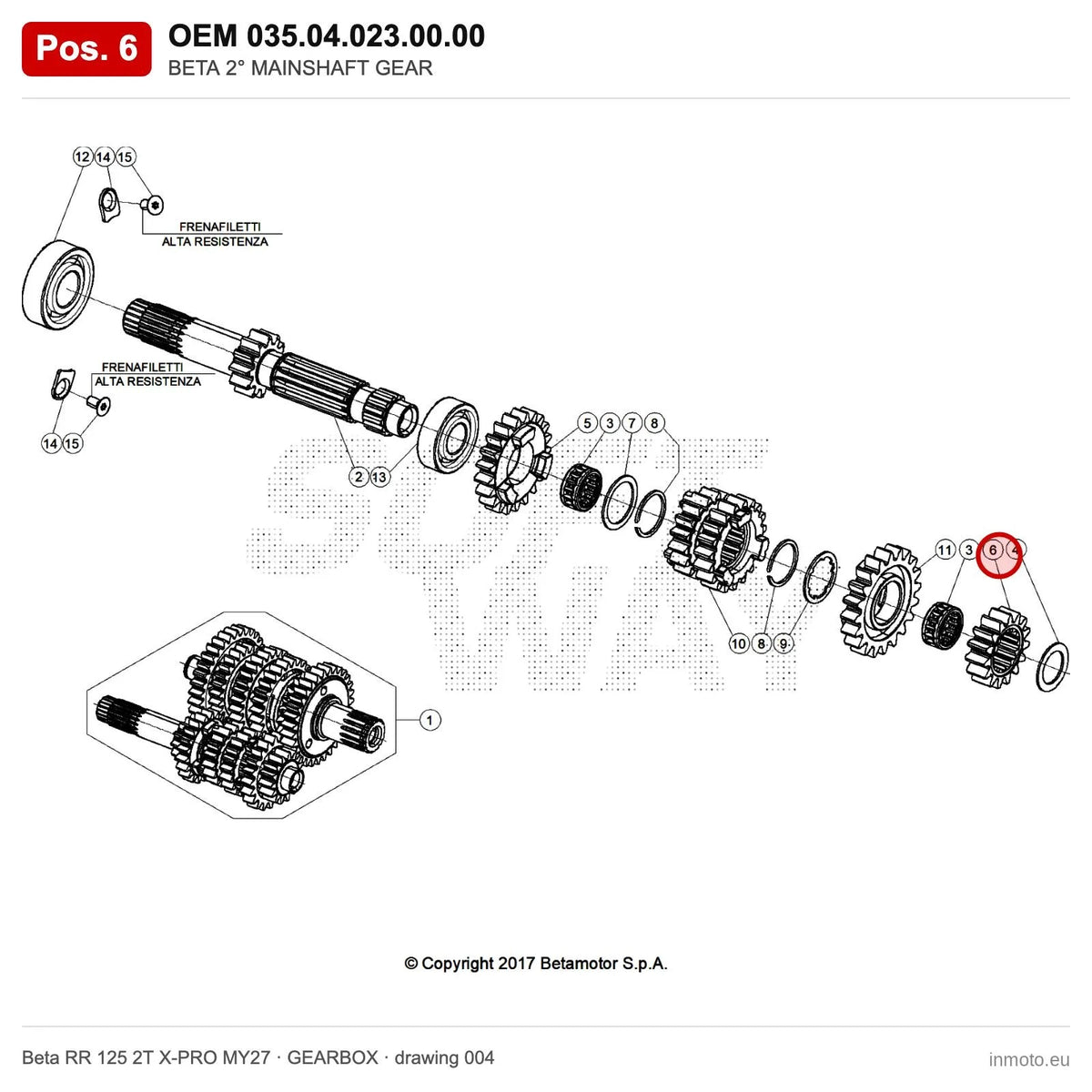 BETA 2° MAINSHAFT GEAR – OEM 035.04.023.00.00, position 6 on the Beta RR 125 2T X-PRO MY27 gearbox drawing