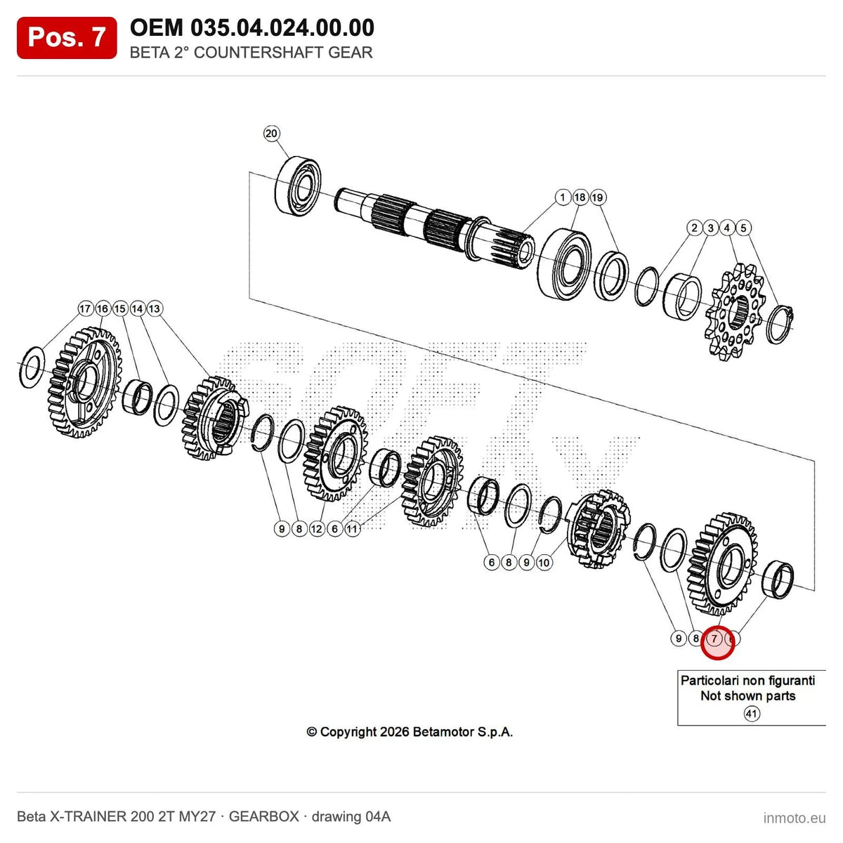 BETA 2° COUNTERSHAFT GEAR – OEM 035.04.024.00.00, position 7 on the Beta X-TRAINER 200 2T MY27 gearbox drawing