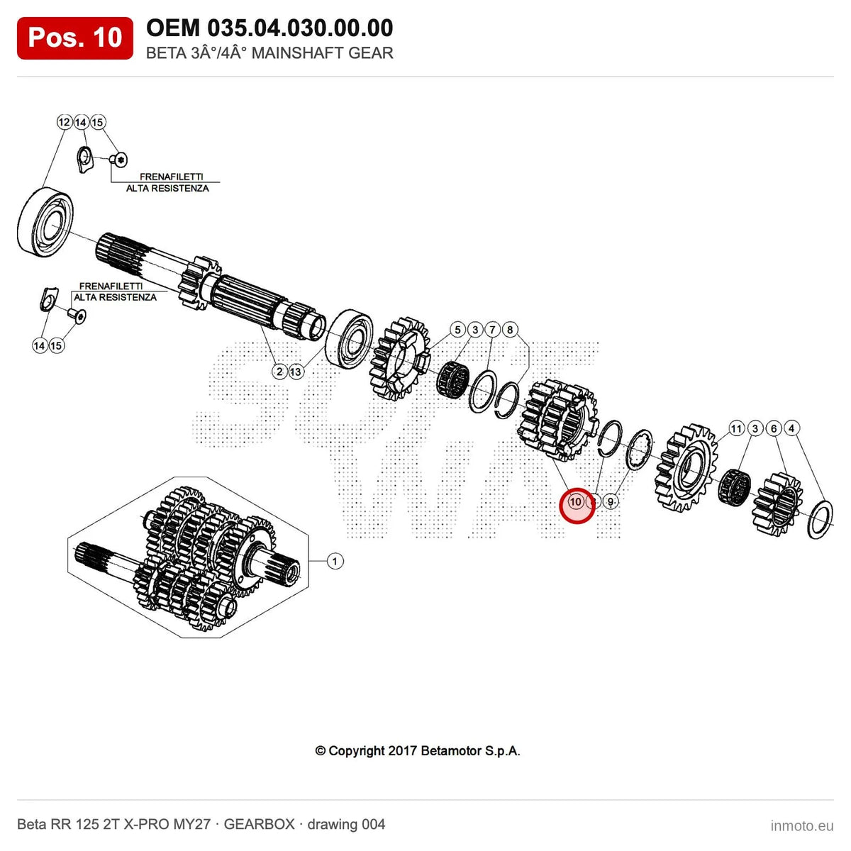 BETA 3°/4° MAINSHAFT GEAR – OEM 035.04.030.00.00, position 10 on the Beta RR 125 2T X-PRO MY27 gearbox drawing