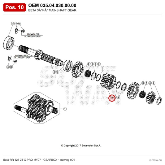 BETA 3°/4° MAINSHAFT GEAR – OEM 035.04.030.00.00, position 10 on the Beta RR 125 2T X-PRO MY27 gearbox drawing