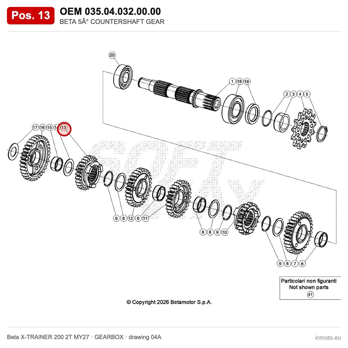 BETA 5° COUNTERSHAFT GEAR – OEM 035.04.032.00.00, position 13 on the Beta X-TRAINER 200 2T MY27 gearbox drawing