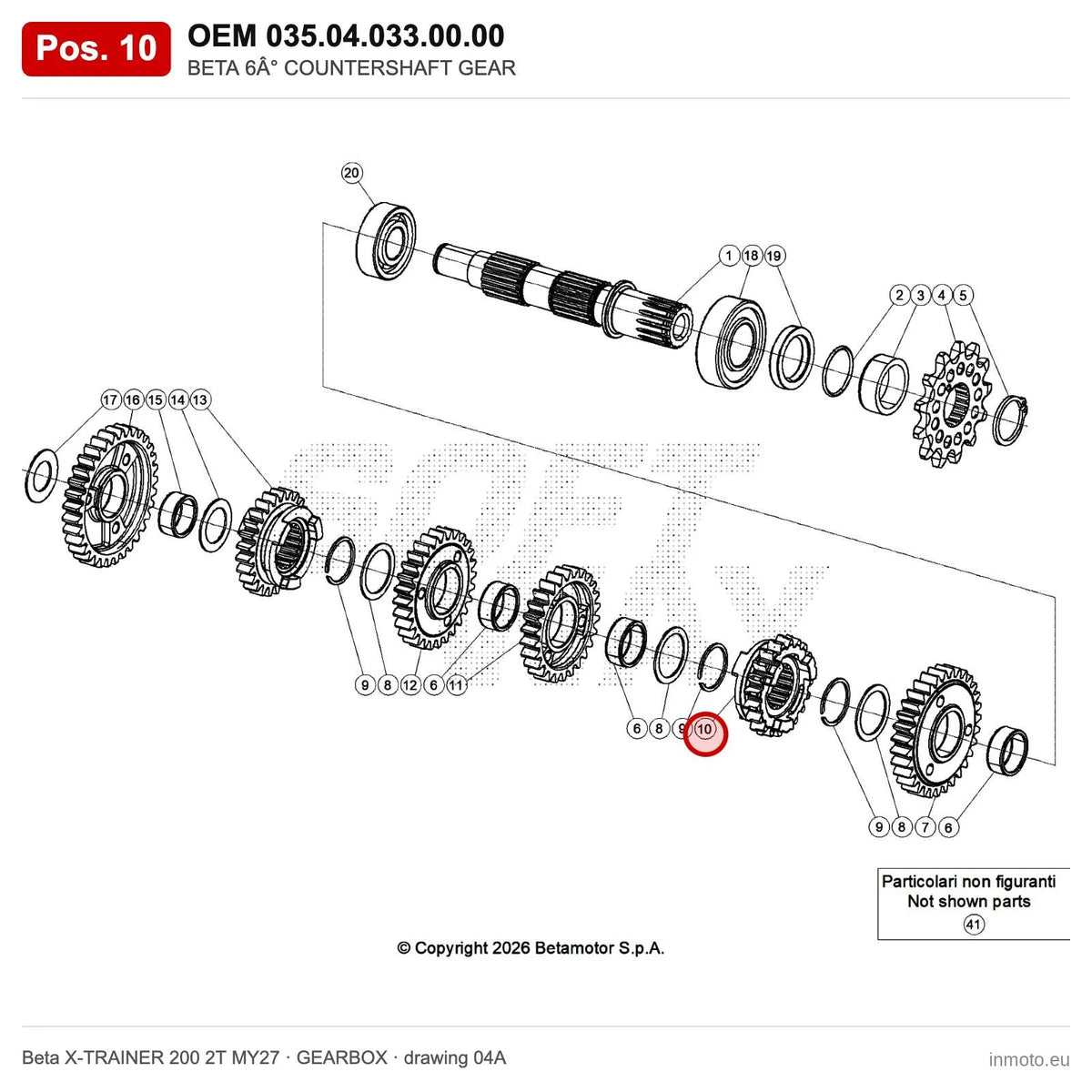 BETA 6° COUNTERSHAFT GEAR – OEM 035.04.033.00.00, position 10 on the Beta X-TRAINER 200 2T MY27 gearbox drawing