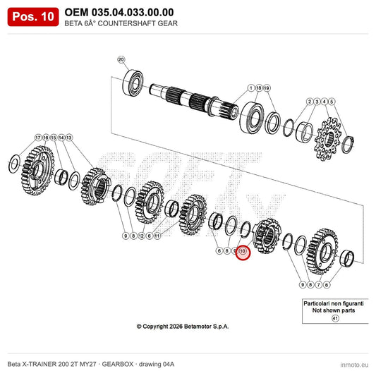 BETA 6° COUNTERSHAFT GEAR – OEM 035.04.033.00.00, position 10 on the Beta X-TRAINER 200 2T MY27 gearbox drawing
