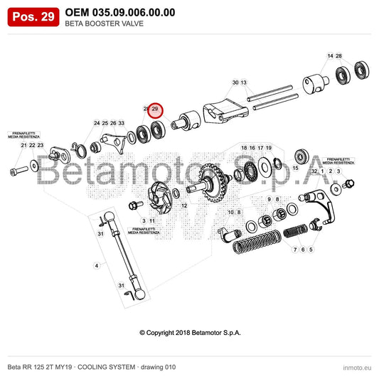 BETA BOOSTER VALVE – OEM 035.09.006.00.00, position 29 on the Beta RR 125 2T MY19 cooling system drawing