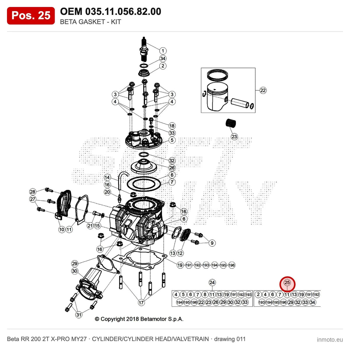BETA GASKET - KIT – OEM 035.11.056.82.00, position 25 on the Beta RR 200 2T X-PRO MY27 cylinder/cylinder head/valvetrain drawing