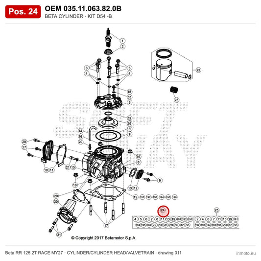 BETA CYLINDER - KIT D54 -B – OEM 035.11.063.82.0B, position 24 on the Beta RR 125 2T RACE MY27 cylinder/cylinder head/valvetrain drawing