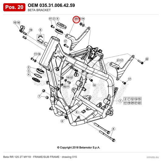 BETA BRACKET – OEM 035.31.006.42.59, position 20 on the Beta RR 125 2T MY19 frame/sub frame drawing