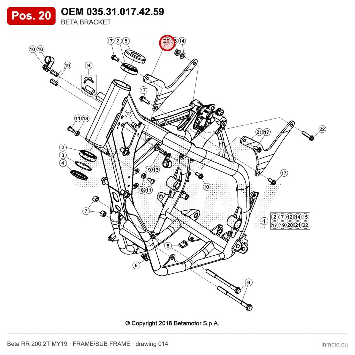 BETA BRACKET – OEM 035.31.017.42.59, position 20 on the Beta RR 200 2T MY19 frame/sub frame drawing