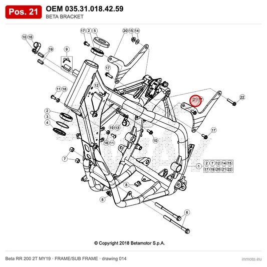 BETA BRACKET – OEM 035.31.018.42.59, position 21 on the Beta RR 200 2T MY19 frame/sub frame drawing