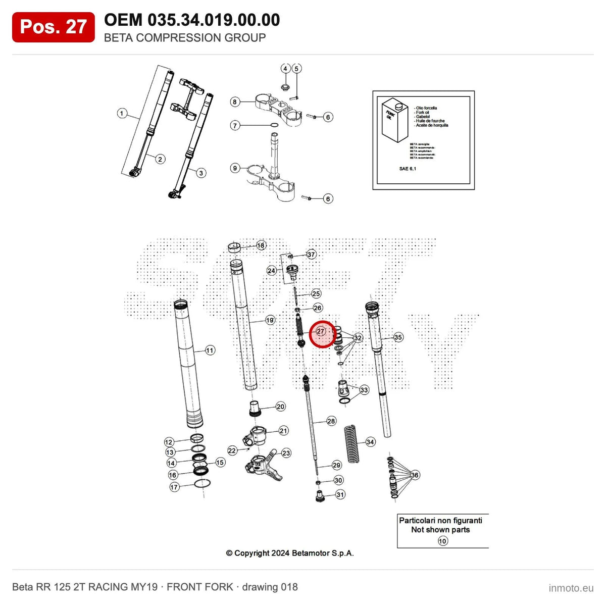BETA COMPRESSION GROUP – OEM 035.34.019.00.00, position 27 on the Beta RR 125 2T RACING MY19 front fork drawing
