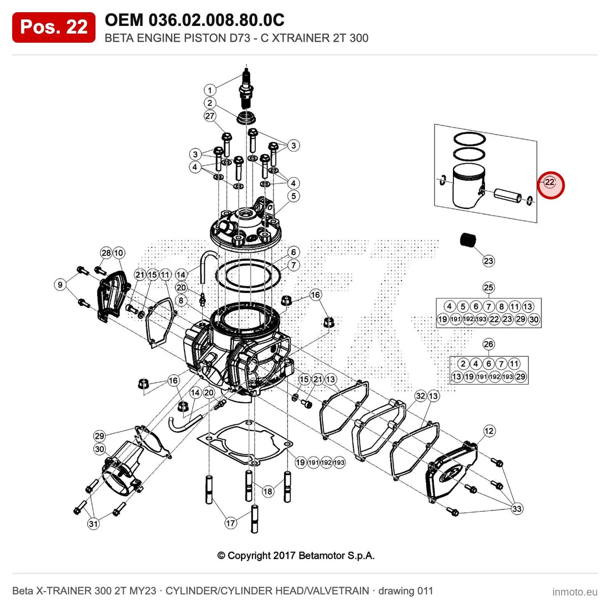 BETA ENGINE PISTON D73 - C XTRAINER 2T 300 – OEM 036.02.008.80.0C, position 22 on the Beta X-TRAINER 300 2T MY23 cylinder/cylinder head/valvetrain drawing