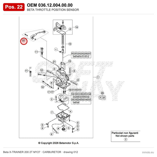 BETA THROTTLE POSITION SENSOR – OEM 036.12.004.00.00, position 22 on the Beta X-TRAINER 200 2T MY27 carburetor drawing