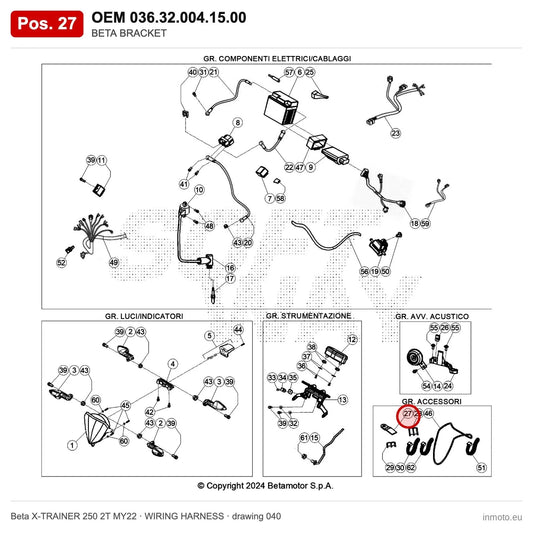 BETA BRACKET – OEM 036.32.004.15.00, position 27 on the Beta X-TRAINER 250 2T MY22 wiring harness drawing