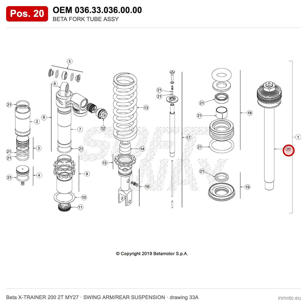BETA FORK TUBE ASSY – OEM 036.33.036.00.00, position 20 on the Beta X-TRAINER 200 2T MY27 swing arm/rear suspension drawing