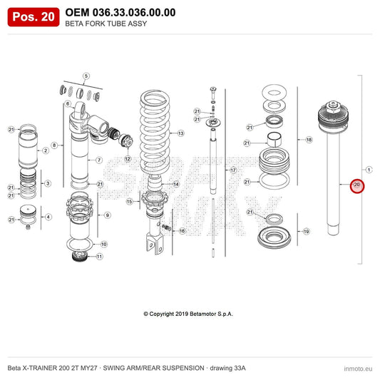 BETA FORK TUBE ASSY – OEM 036.33.036.00.00, position 20 on the Beta X-TRAINER 200 2T MY27 swing arm/rear suspension drawing