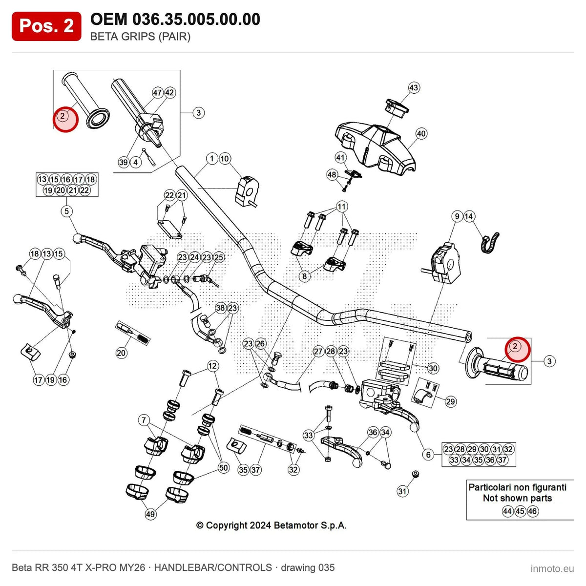 BETA GRIPS (PAIR) – OEM 036.35.005.00.00, position 2 on the Beta RR 350 4T X-PRO MY26 handlebar/controls drawing