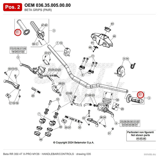 BETA GRIPS (PAIR) – OEM 036.35.005.00.00, position 2 on the Beta RR 350 4T X-PRO MY26 handlebar/controls drawing