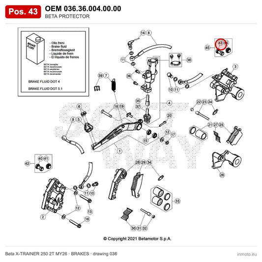 BETA PROTECTOR – OEM 036.36.004.00.00, position 43 on the Beta X-TRAINER 250 2T MY26 brakes drawing
