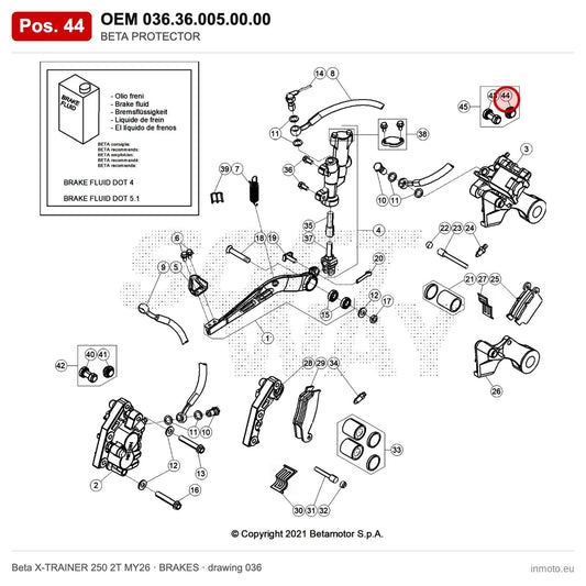 BETA PROTECTOR – OEM 036.36.005.00.00, position 44 on the Beta X-TRAINER 250 2T MY26 brakes drawing