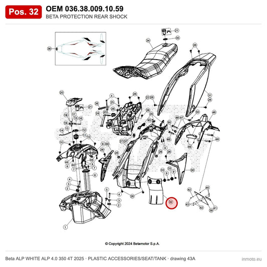 BETA PROTECTION REAR SHOCK – OEM 036.38.009.10.59, position 32 on the Beta ALP WHITE ALP 4.0 350 4T 2025 plastic accessories/seat/tank drawing