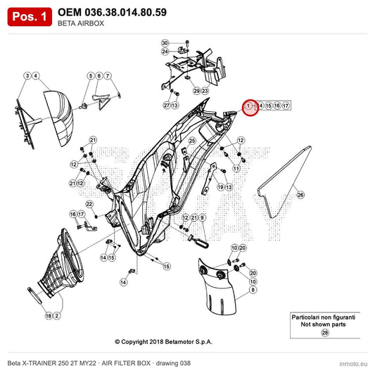BETA AIRBOX – OEM 036.38.014.80.59, position 1 on the Beta X-TRAINER 250 2T MY22 air filter box drawing