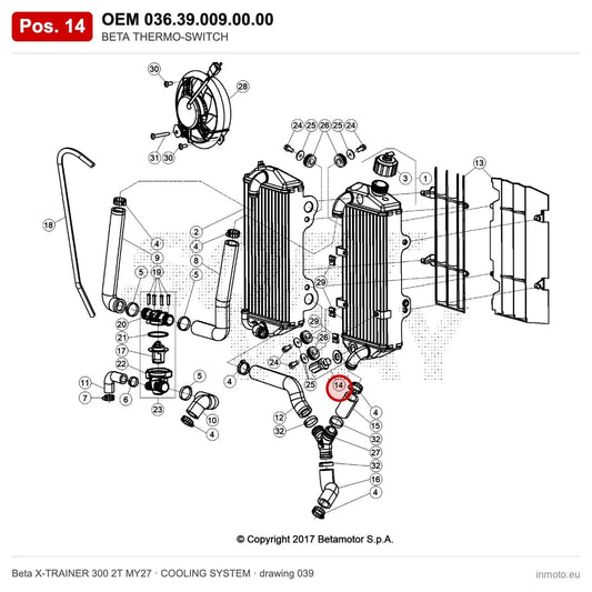 BETA THERMO-SWITCH – OEM 036.39.009.00.00, position 14 on the Beta X-TRAINER 300 2T MY27 cooling system drawing