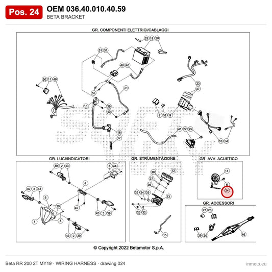 BETA BRACKET – OEM 036.40.010.40.59, position 24 on the Beta RR 200 2T MY19 wiring harness drawing