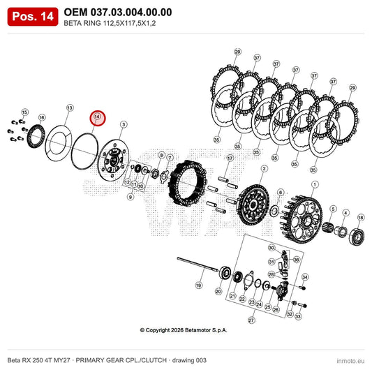 BETA RING 112,5X117,5X1,2 – OEM 037.03.004.00.00, position 14 on the Beta RX 250 4T MY27 primary gear cpl./clutch drawing