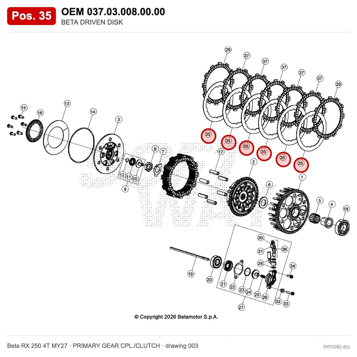 BETA DRIVEN DISK – OEM 037.03.008.00.00, position 35 on the Beta RX 250 4T MY27 primary gear cpl./clutch drawing