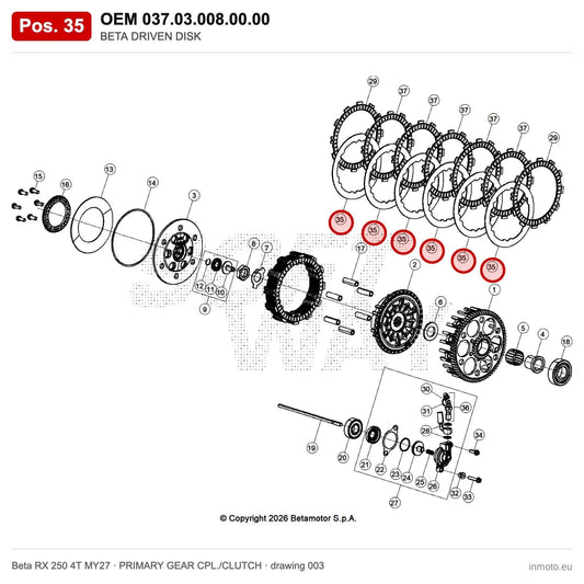 BETA DRIVEN DISK – OEM 037.03.008.00.00, position 35 on the Beta RX 250 4T MY27 primary gear cpl./clutch drawing