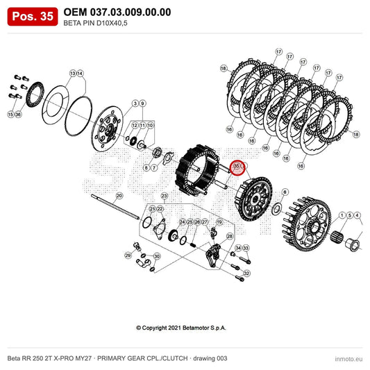 BETA PIN D10X40,5 – OEM 037.03.009.00.00, position 35 on the Beta RR 250 2T X-PRO MY27 primary gear cpl./clutch drawing