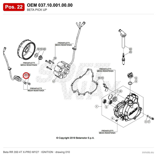 BETA PICK UP – OEM 037.10.001.00.00, position 22 on the Beta RR 350 4T X-PRO MY27 ignition drawing