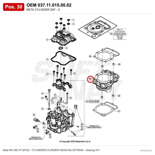 BETA CYLINDER D97 - 2 – OEM 037.11.015.00.02, position 30 on the Beta RX 450 4T MY25 cylinder/cylinder head/valvetrain drawing