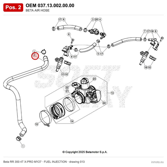 BETA AIR HOSE – OEM 037.13.002.00.00, position 2 on the Beta RR 350 4T X-PRO MY27 fuel injection drawing
