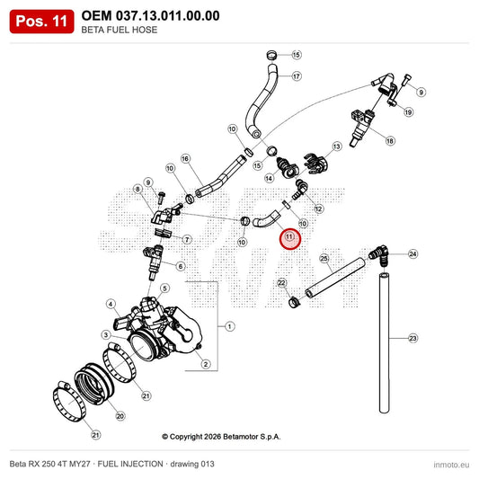 BETA FUEL HOSE_1 – OEM 037.13.011.00.00, position 11 on the Beta RX 250 4T MY27 fuel injection drawing