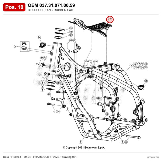 BETA FUEL TANK RUBBER PAD – OEM 037.31.071.00.59, position 10 on the Beta RR 350 4T MY24 frame/sub frame drawing