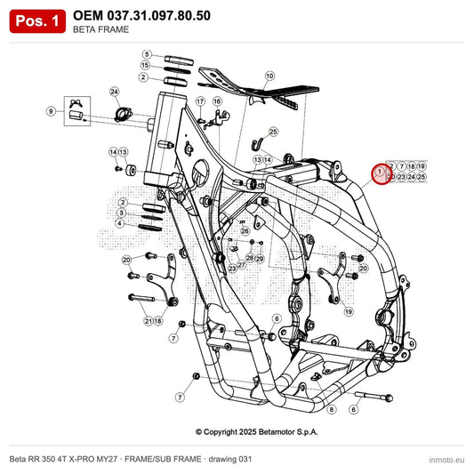 BETA FRAME – OEM 037.31.097.80.50, position 1 on the Beta RR 350 4T X-PRO MY27 frame/sub frame drawing