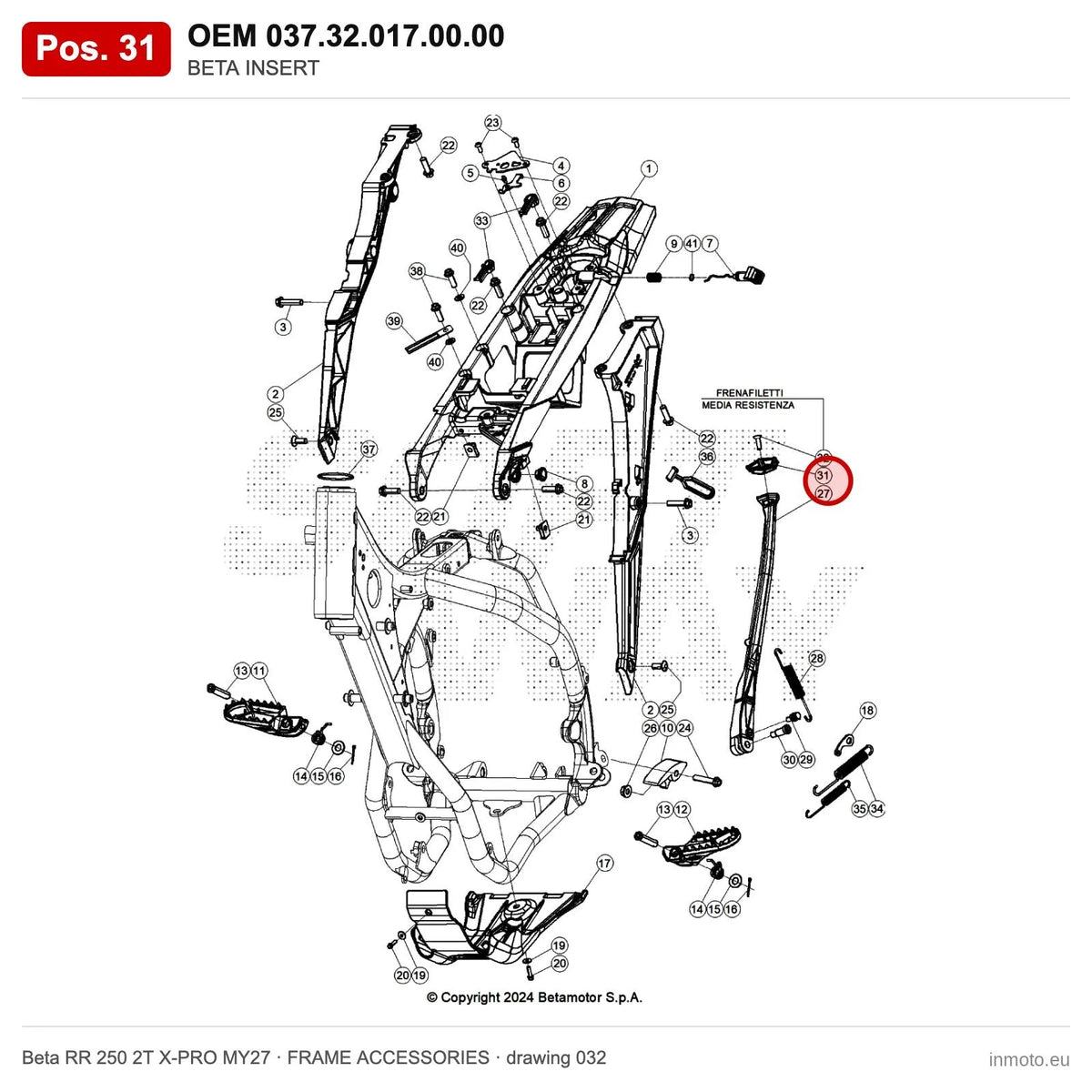 BETA INSERT – OEM 037.32.017.00.00, position 31 on the Beta RR 250 2T X-PRO MY27 frame accessories drawing